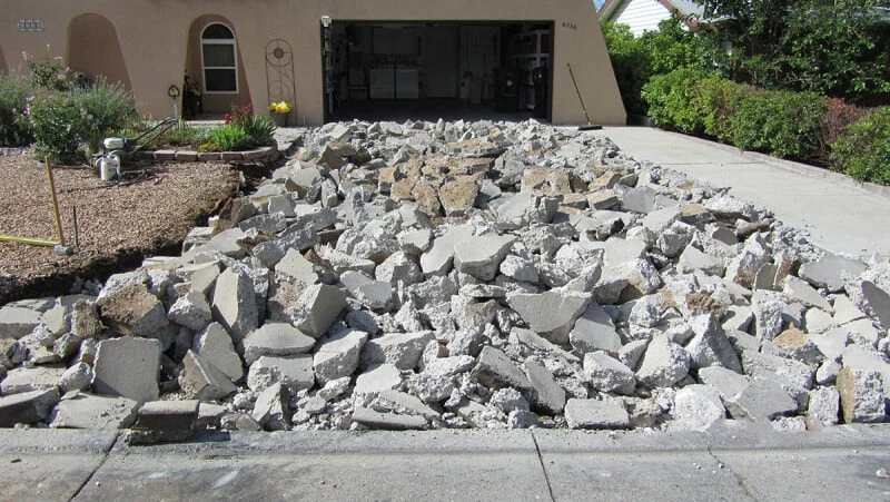Broken concrete demolition debris pile in home space