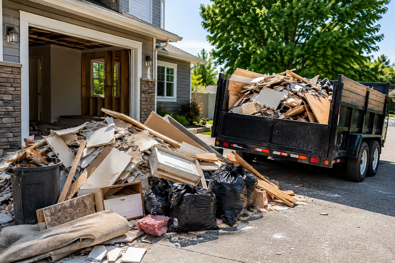 Large pile of wooden renovation debris, drywall waste, black trash bags, filled dump trailer parked on driveway outside residential garage