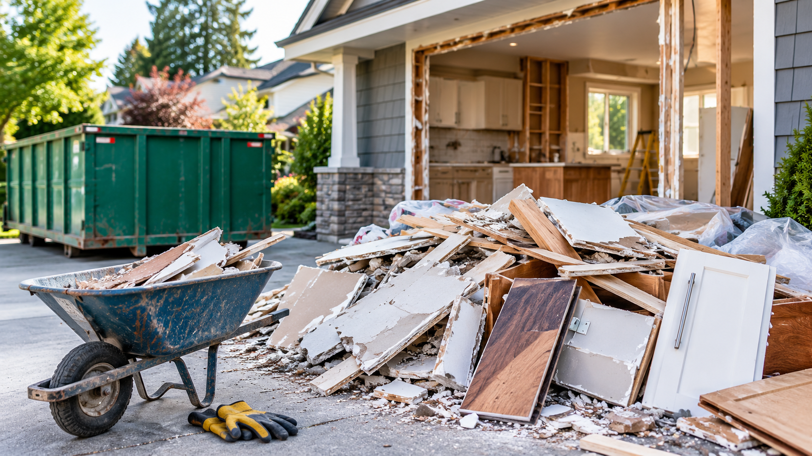 Large pile of residential renovation debris, wooden cabinets, construction waste, loaded wheelbarrow, green dumpster bin on driveway