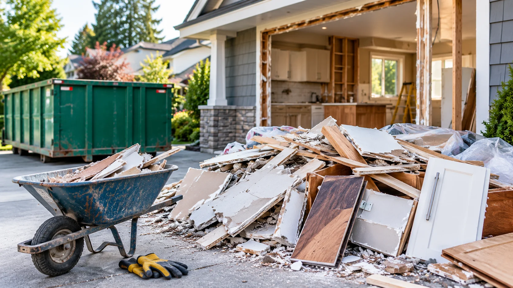 Large pile of residential renovation debris, wooden cabinets, construction waste, loaded wheelbarrow, green dumpster bin on driveway